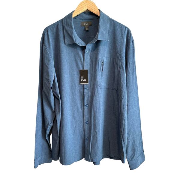 FLX Dynamic Stretch Urban Commuter Long Sleeve Button Up Shirt Blue XXL - Picture 1 of 9